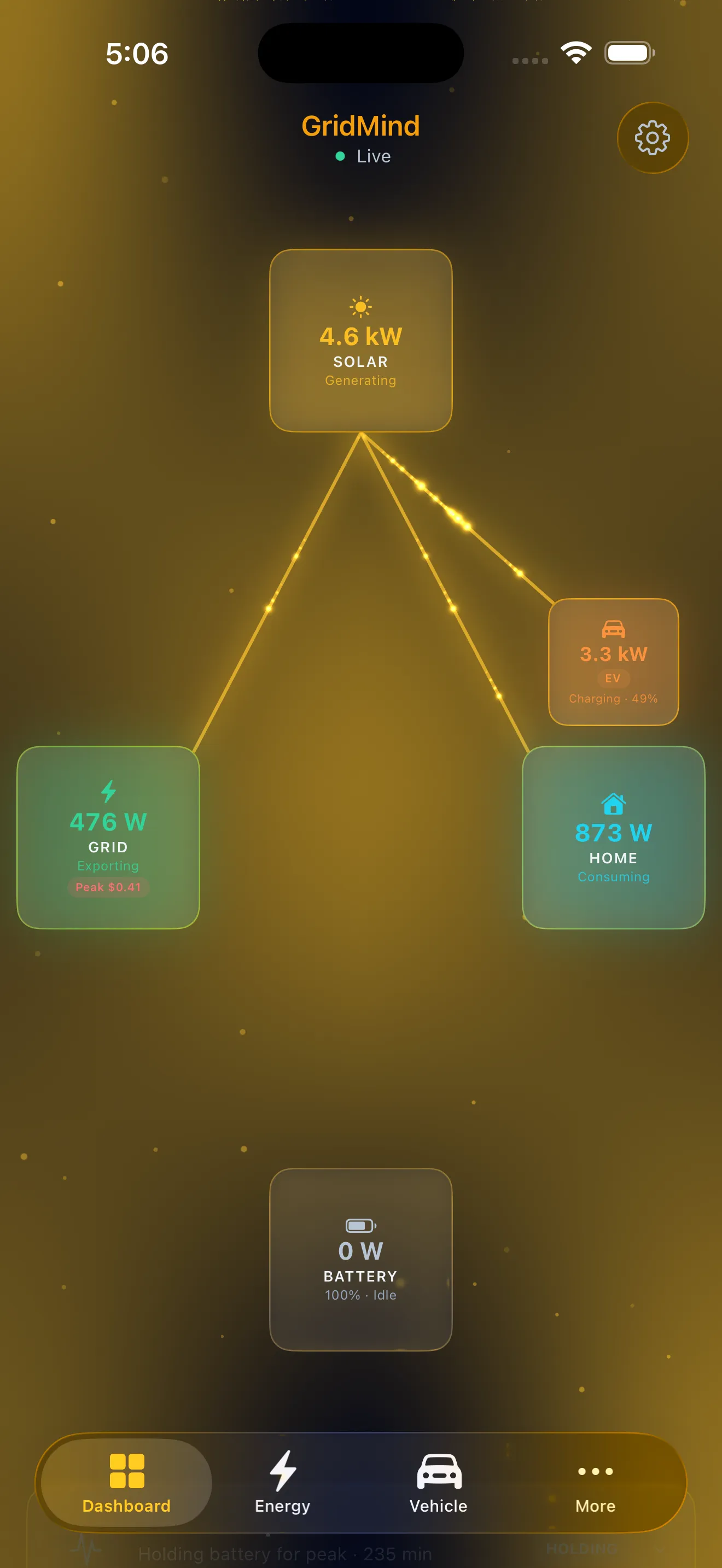 GridMind iOS app showing the real-time power flow dashboard