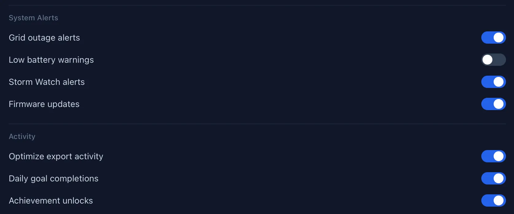 GridMind notifications settings showing alert channel toggles and notification type configuration