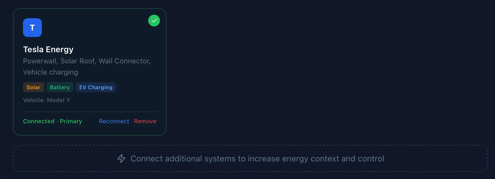 GridMind Tesla integration settings showing connected system and vehicle management