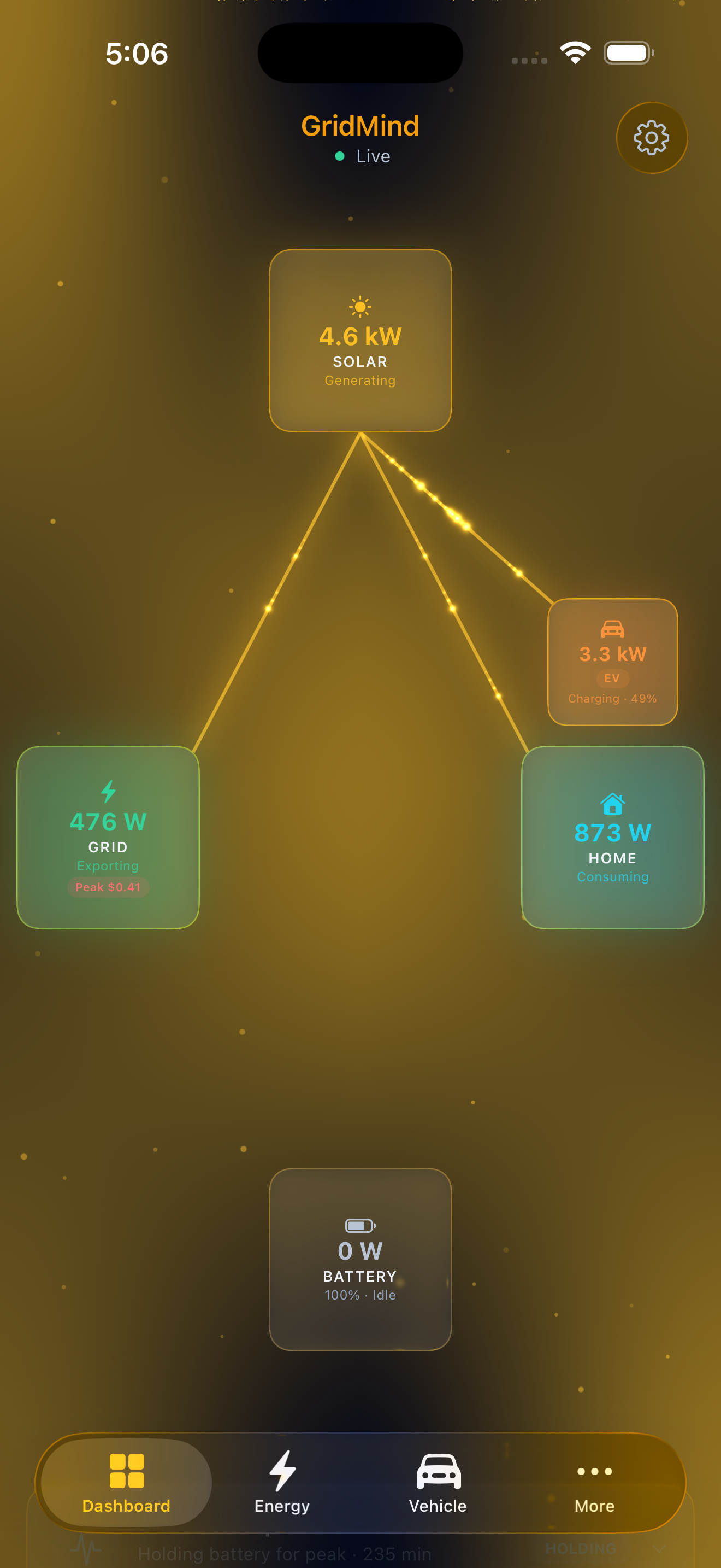 GridMind iOS app showing the real-time power flow dashboard