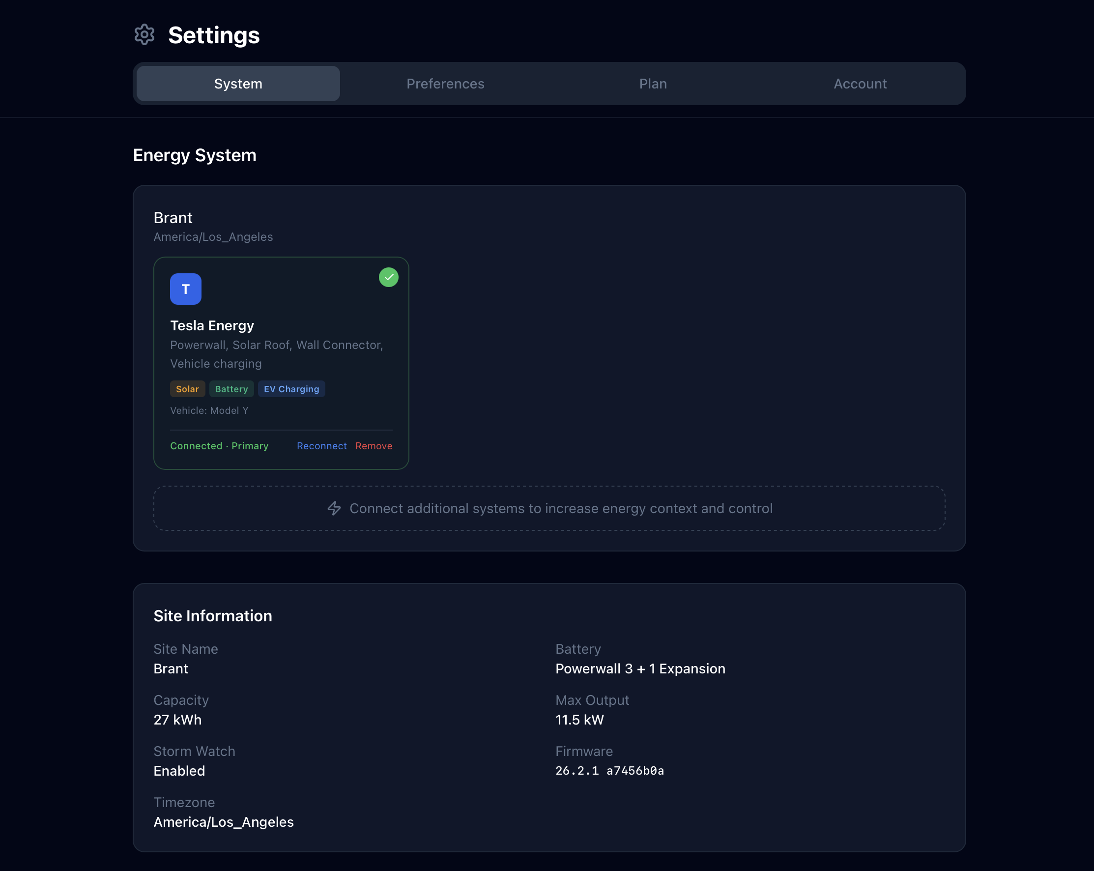 GridMind settings page showing system controls, operation mode, and configuration options