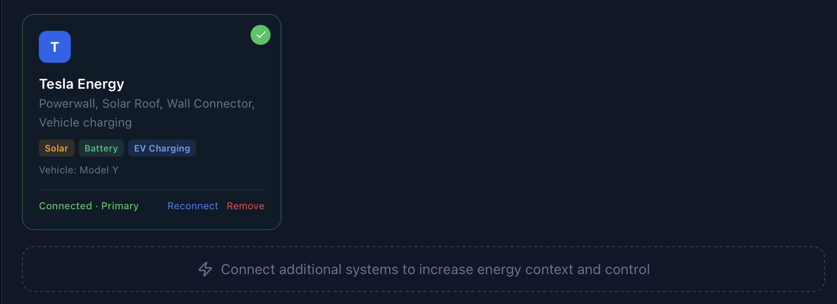 GridMind Tesla integration settings showing connected system and vehicle management